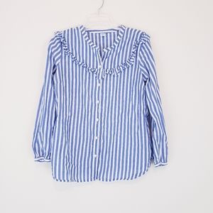Old Navy Blue White Vertical Stripe Blouse Button Up Ruffle Split Neck Large